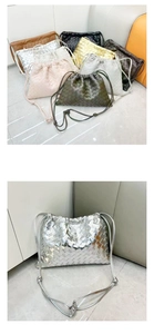 Multiple colors of woven leather drawstring handbags with thin shoulder straps