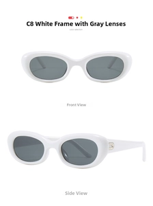 Front and side view of retro oval white sunglasses with grey lenses and silver trim