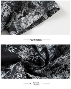 Detail of short sleeves and woven fabric texture with black and white Toile de Jouy print