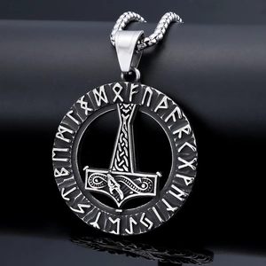 Nordic Viking Mjolnir pendant necklace with runic circle in vintage silver steel