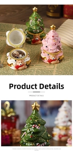 Detail showing hand-painted ceramic Christmas tree jewelry box with cute bear relief decoration