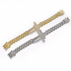 Iced out hip hop Cuban link bracelets with diamond cross charms in gold and silver set