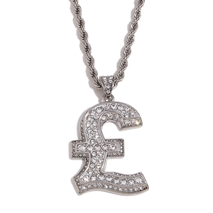 Silver pound sign pendant necklace with crystals and twist chain for men in high quality