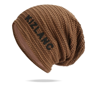 Brown waffle knit beanie hat for men and women with silk lining and brand patch
