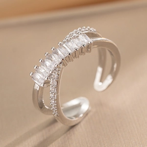 Exquisite silver cross ring with rectangular and round cubic zirconia in a split design