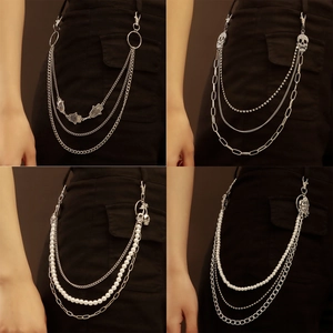 Multi-layer silver metal waist chain with pearls and skull pendants for women's outfits