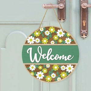 Spring farmhouse round wooden welcome door sign with white daisies and hanging rope