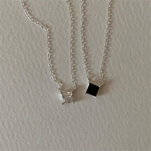 Minimalist 925 sterling silver necklaces with white and black square zircon pendants
