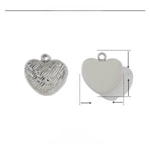 Detail of 13mm heart pendants in stainless steel with textured and polished finishes