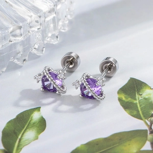 Star-shaped purple zircon stud earrings in silver titanium steel with crystal decor