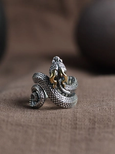 Macro shot of vintage 925 silver snake ring with golden head and detailed scales