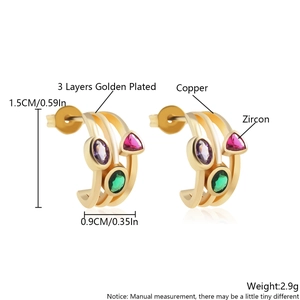 Three-layer geometric 18k gold plated copper earrings with colored zircon stones