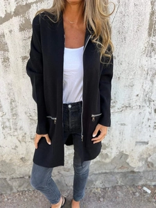 Chaqueta casual negra con capucha y cremallera para mujer, ajuste holgado y manga larga