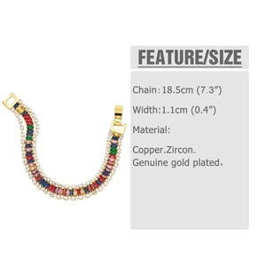 Détail des dimensions du bracelet en zircon coloré de 18,5 cm de long avec placage en or