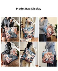 Detailed views of ethnic 3D embroidered canvas tote bags with animal patterns on models