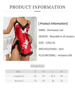 Detailed size chart for red floral imitation silk nightgown showing length and bust specs