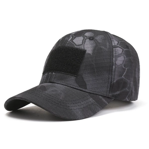 Detail of black camo tactical baseball cap with front hook-and-loop patch panel