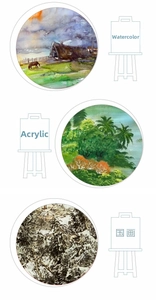 Artistic styles including watercolor, acrylic, and Chinese painting shown on plastic palettes