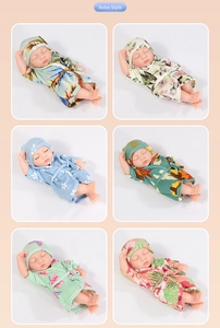Detailed grid showing six styles of floral newborn doll sleepwear with matching hats