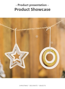 Detail view of multi-layered wooden star and circle ornaments with gold and silver glitter