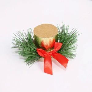 Christmas bow pine needle napkin ring with red ribbon and gold base for table decor