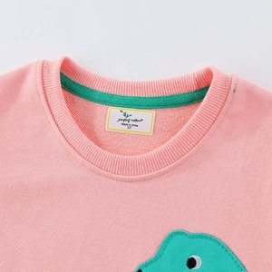 Pink cotton long sleeve boy sweatshirt featuring green dinosaur applique and crew neck detail