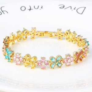 Bracciale A Fiori Con Zirconi Colorati Rame Placcato Oro Gioielli Floreali Eleganti Per Donna Stile Minimalista