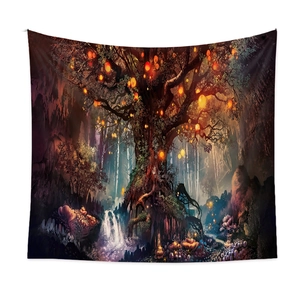 Bohemian forest tapestry with mystical trees waterfalls and lanterns for wall decor
