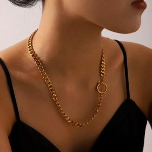 Cuban Chain Necklace Stainless Steel 18K Gold Plated Round Spring Clasp Hip Hop Trendy Ins Style Jewelry For Women