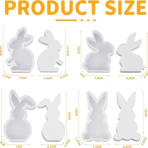 Size guide for 4 sets of 3D bunny silicone molds for Easter candles and resin crafts