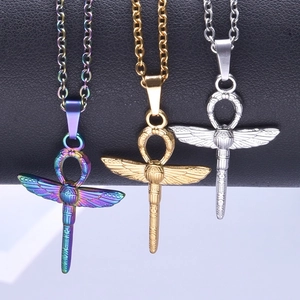 Egyptian Ankh winged scarab pendants in gold, silver, and iridescent finishes