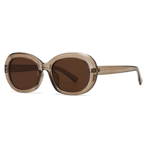 Modern retro oval sunglasses with brown frames and dark brown UV lenses on white background