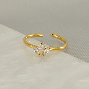 Adjustable gold plated maple leaf ring with marquise cut cubic zirconia stones