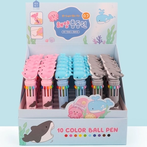 Detail of 10-color shuttle pen with cute 0.7mm ocean shark and whale animal toppers