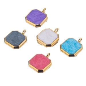 Colorful octagonal stainless steel pendants with gold frames and enamel marble texture