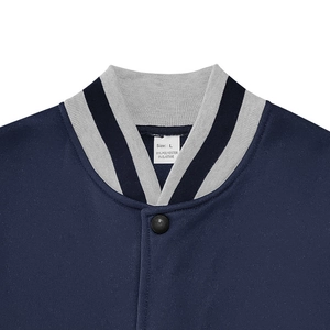 Close-up of baseball jacket collar with size L label and 95% polyester fabric texture