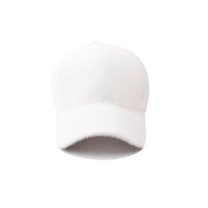 White faux rabbit fur baseball cap for winter with a soft fluffy texture for outdoor warmth