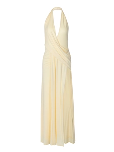 Elegant cream halter neck deep V-neck backless maxi dress with cross pleat details
