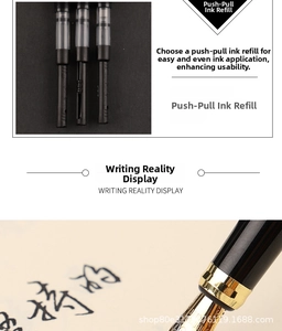 Macro shot of two-tone metal fountain pen nib and push-pull ink converter mechanism