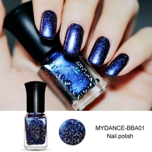Detail of dark blue holographic nail polish with glitter finish and bottle display
