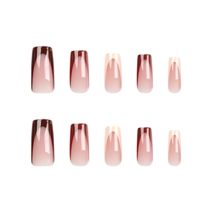 Glossy burgundy and nude pink French tip press-on nails in long square and coffin shapes