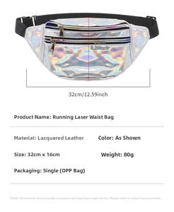 Close-up of laser holographic waist bag showing waterproof texture and dual zippers