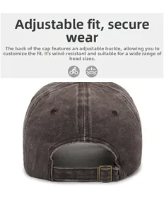 Detail view of adjustable metal buckle on vintage washed cotton baseball cap in dark brown