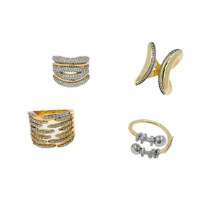 Set of four 18K gold plated mesh and bone shape adjustable rings with pavé zircon stones
