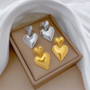 Polished Double Heart Stud Earrings Titanium Steel Minimalist Style Jewelry For Women Banquet Elegant