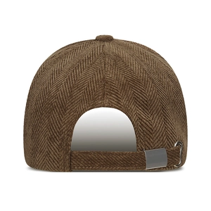 Brown corduroy baseball cap back view with silver adjustable buckle and herringbone texture