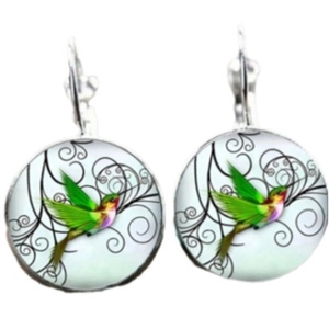 Artistic round humming bird glass pendant earrings with vibrant green and purple gradient