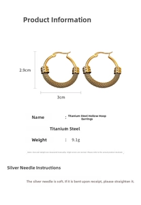 Macro detail of gold titanium steel mesh hoop earrings with 2.9cm by 3cm dimensions
