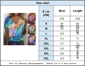 Detailed size chart for women's tie-dye short sleeve t-shirt in CM from S to 5XL