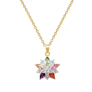 Luxurious gold titanium necklace with a vibrant colorful floral gemstone pendant on white
